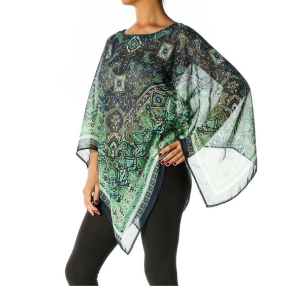 🛍️3 For $10🛍️ Dana Buchman Green Blue Sheer Scarf Top Navy Blue Camisole, L - Picture 3 of 10